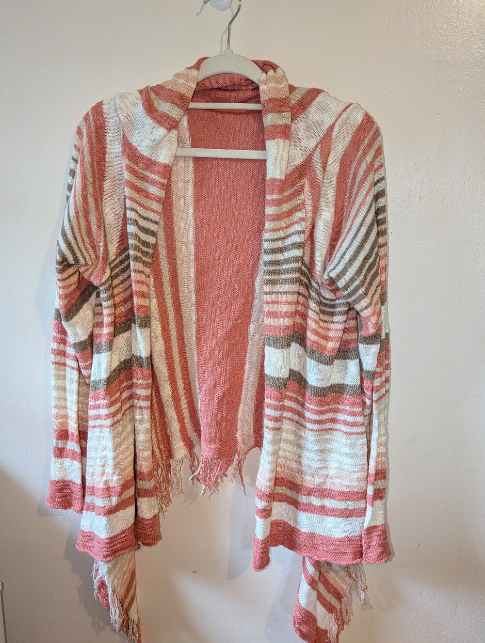 American Rag Coral, White & Brown Striped Open-Front Fringe Cardigan